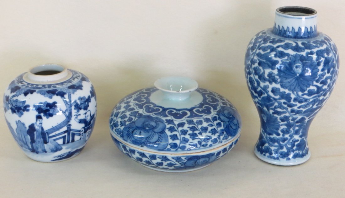 Collection of 3 oriental blue and white porcelain: Collection of 3 oriental blue and white porcelain objects including vase decorated with flowers8.5"H, ginger jar decorated with trees and oriental figures (missing lid) 5"H, and a Canton type covered
