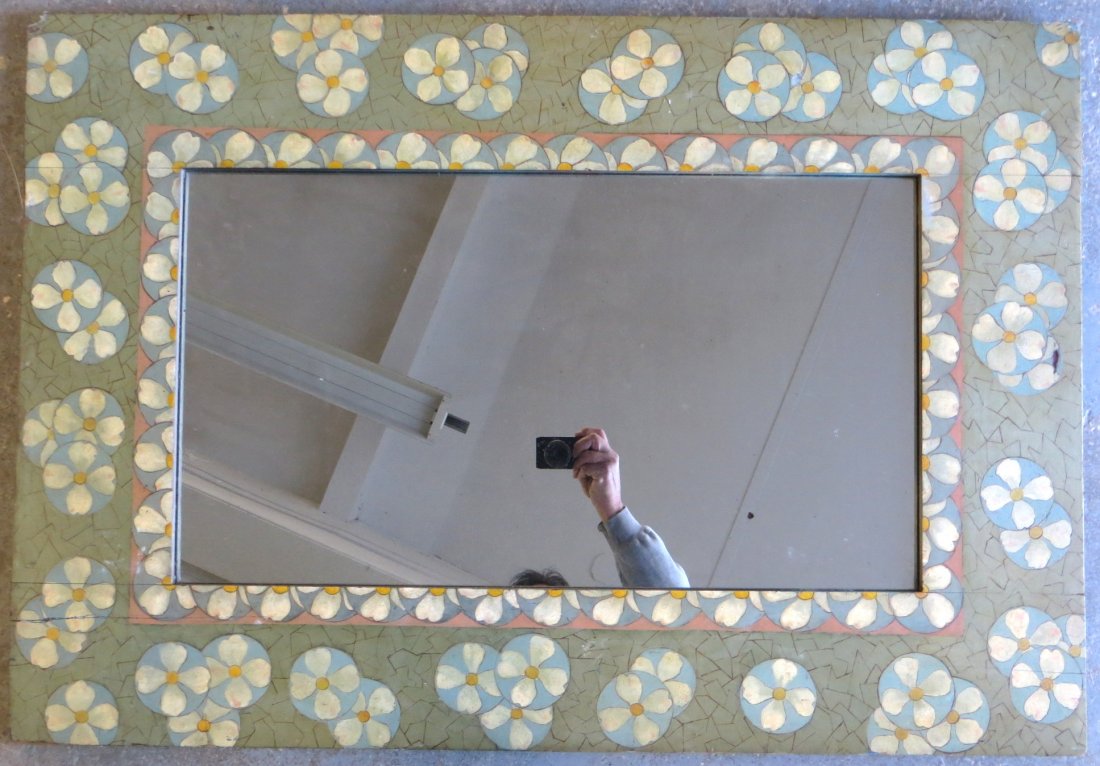 Hand painted wall mirror decorated with flowers. 20th: Hand painted wall mirror decorated with flowers. 20th century. 27" x 39.5"