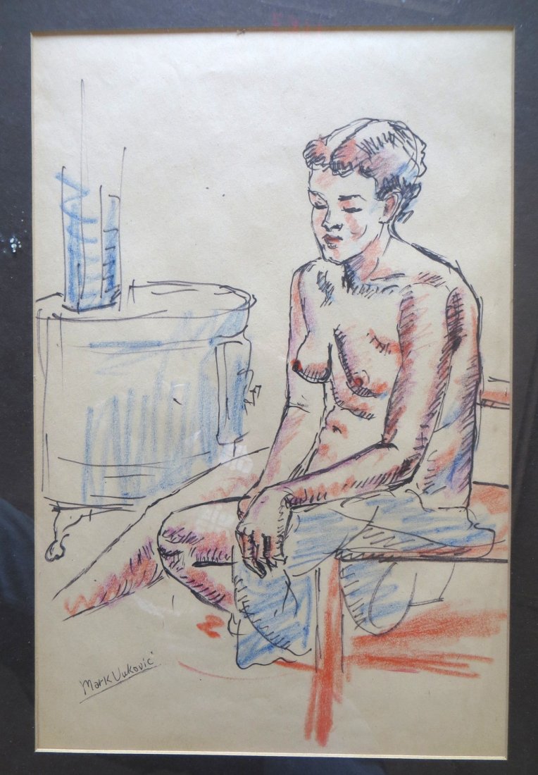 Marko Vakovic - Ink & Crayon of seated nude signed Mark: Marko Vakovic - Ink & Crayon of seated nude signed Mark Vakovic (Woodstock NY 1892-1973). 10.75" x 16.5"