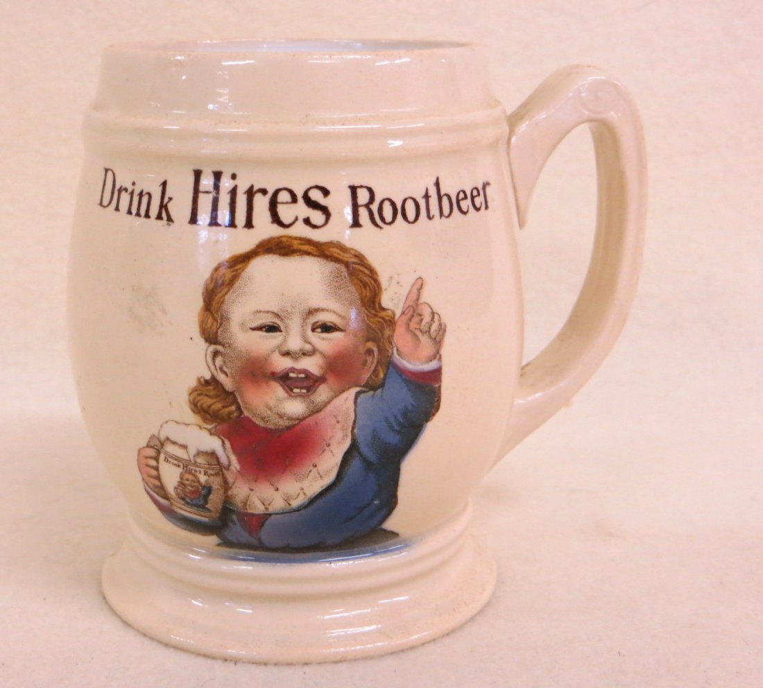 Mettlach Hires Root Beer advertising porcelain mug with: Mettlach Hires Root Beer advertising porcelain mug with colored litho on front of young boy holding the same mug - front titled "Drink Hires Root Beer" - base signed "Villery & Boch - Mettlach - For t