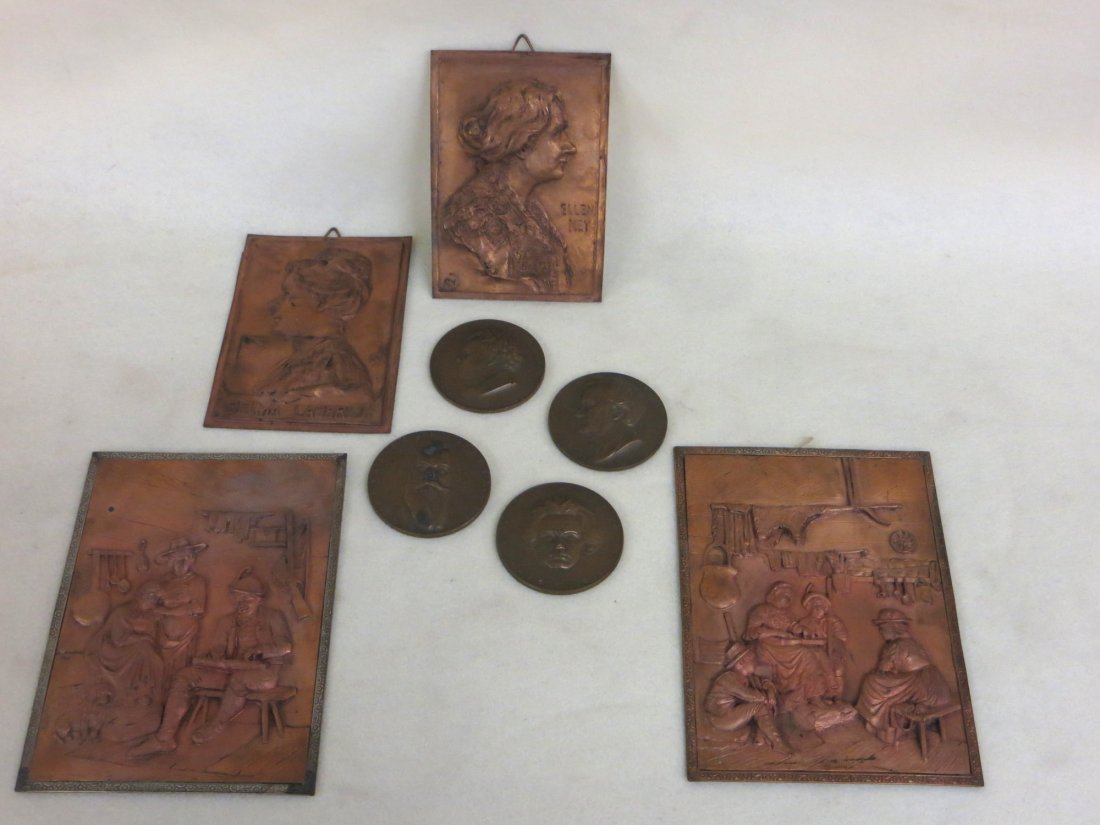 Collection of metal objects including 2 copper wall: Collection of metal objects including 2 copper wall plaques of European cabin scenes - each 6.25" x 8.5", 2 small copper plaques portraits of women including Ellen Key and Selma Lagerlof, both with AV