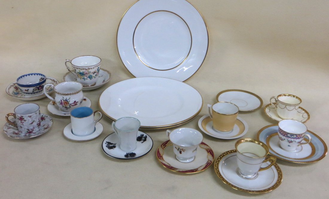 Collection of 11 demitasse cups and saucers including: Collection of 11 demitasse cups and saucers including Meissen, Royal Copenhagen, Mintons, etc. and 3 Royal Worcester 10.5" dinner plates - all in good condition.