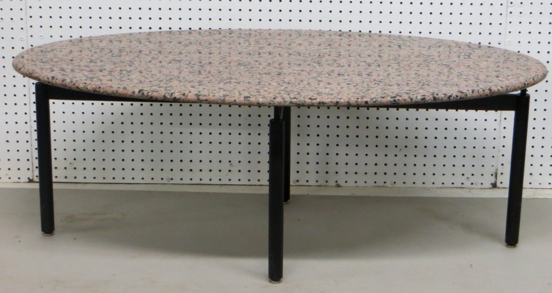 Oval marble (pink/black/gray colors) top coffee table: Oval marble (pink/black/gray colors) top coffee table on iron stand. 48" x 24" x 18"H. Excellent condition. Mid to late 20th century.