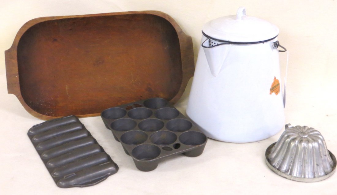 Collection of 5 country items including enameled tea: Collection of 5 country items including enameled tea kettle, treenware bowl, metal jello mold, 2 cast iron biscuit molds including 2 signed Griswold. Old wooden work bench stool - late 19th century -
