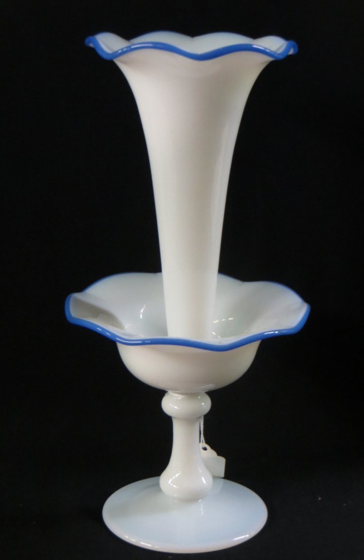 Fiery opalescent epergne with blue edging- hand blown -: Fiery opalescent epergne with blue edging- hand blown - 11.25"H.