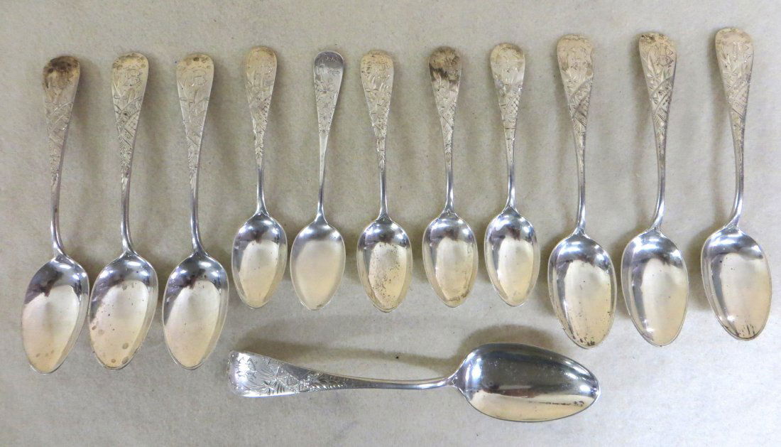 Collection of 12 Sterling Silver Victorian spoons: Collection of 12 Sterling Silver Victorian spoons (11 matching patterns with hallmarks and most signed Haskins) including 1 serving spoon - 8.25"L, 6 table spoons - 6.75"L and 4 tea spoons - 5.75"L. T