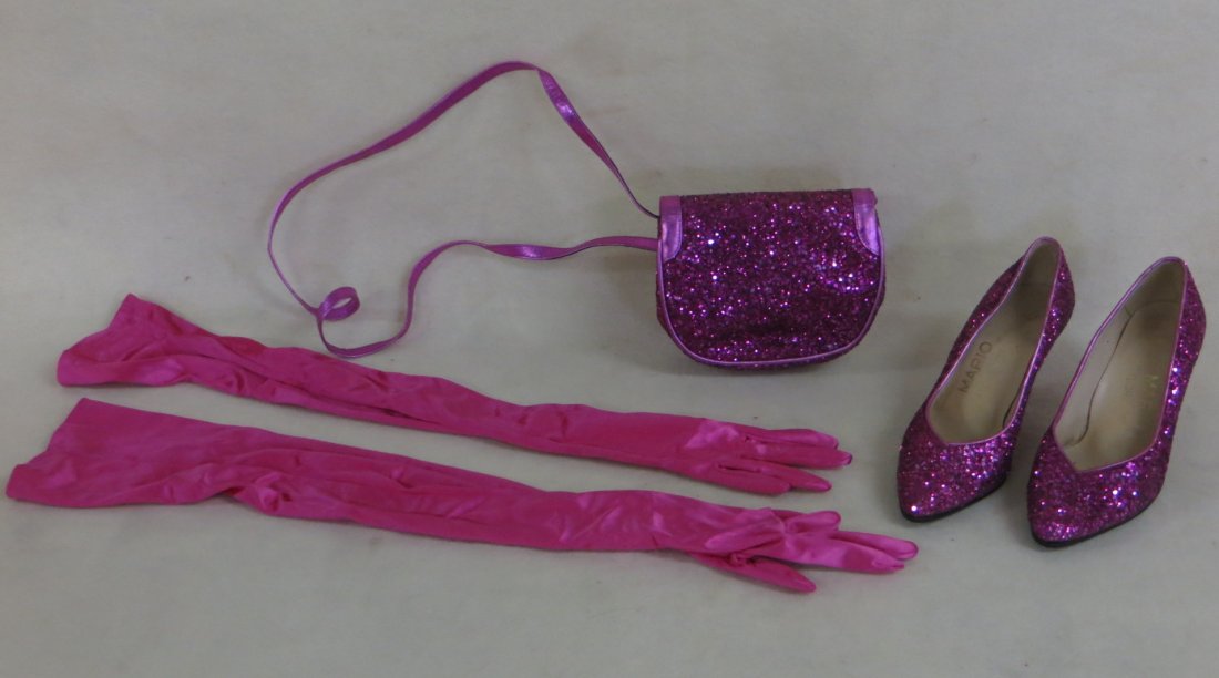 Mario of Florence Shoe (size 6 1/2) and Handbag set in: Mario of Florence Shoe (size 6 1/2) and Handbag set in pink sequence with silk gloves. Provenance: From a private collection of a retired NYC theatrical professional.
