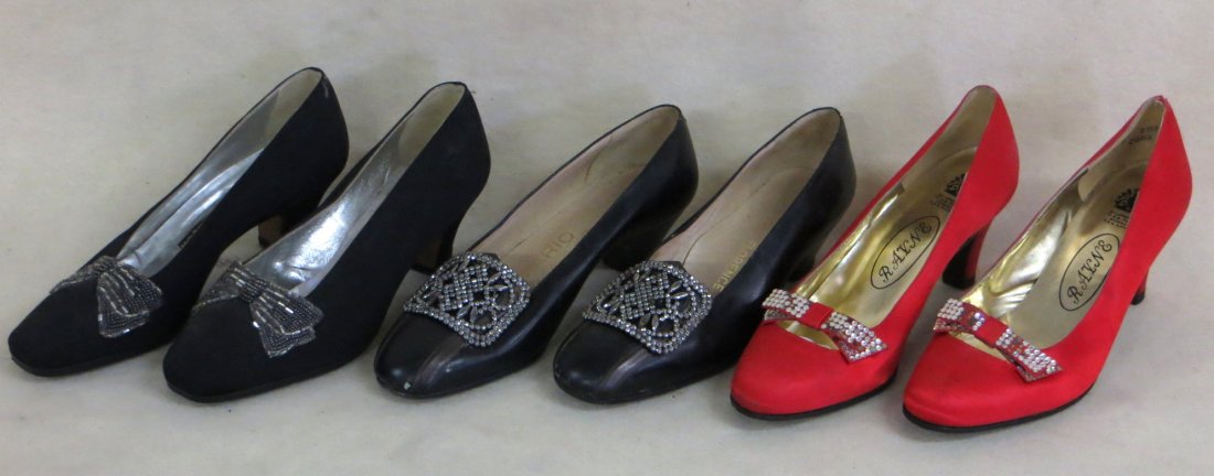 A lot of three pairs of shoes all with rhinestone: A lot of three pairs of shoes all with rhinestone embellishments including Mario of Florence sized 6B, Red satin Rayne of England sized 6B (note some loss to rhinestone bow), and an Andrea Pfister (si