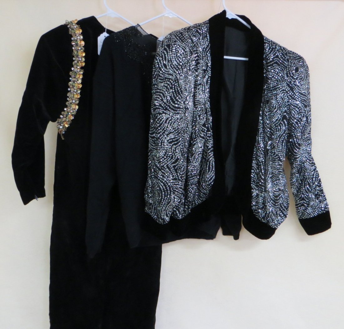 Lot of 3 custom made lady's garments including 1 velvet: Lot of 3 custom made lady's garments including 1 velvet dress decorated over the shoulders with beads, rhinestones and gold ornaments, a black probably cashmere sweater decorated around the neck and b