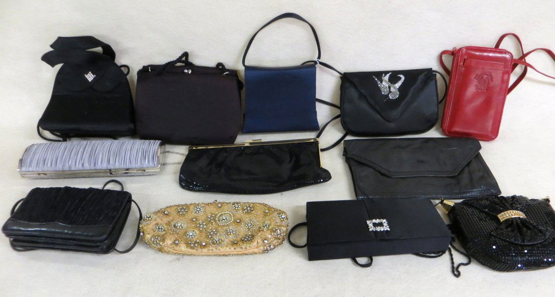 Collection of 12 lady's evening bags and purses: Collection of 12 lady's evening bags and purses including one signed Metropolitan Opera Company, Sharif, Lord & Taylor, beaded bag signed Lord & Taylor, satin signed Saks Fifth Ave., Stuart Weitzman m