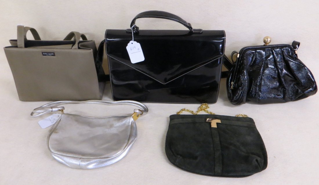 Collection of 5 hand bags including Kate Spade, Donna: Collection of 5 hand bags including Kate Spade, Donna Karan, Triangle, Saks Fifth Ave., Sabina. Please note - None of the lady's bags in this auction have been authenticated and are being sold as is. 