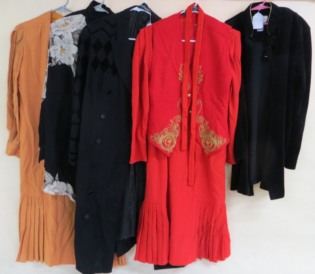 Lot of 5 lady's garments including red dress with vest: Lot of 5 lady's garments including red dress with vest and gold thread decorations - size 10, long black wool jacket with velvet decorations labeled Louis Feraud - size 10, and a black silk blouse wit