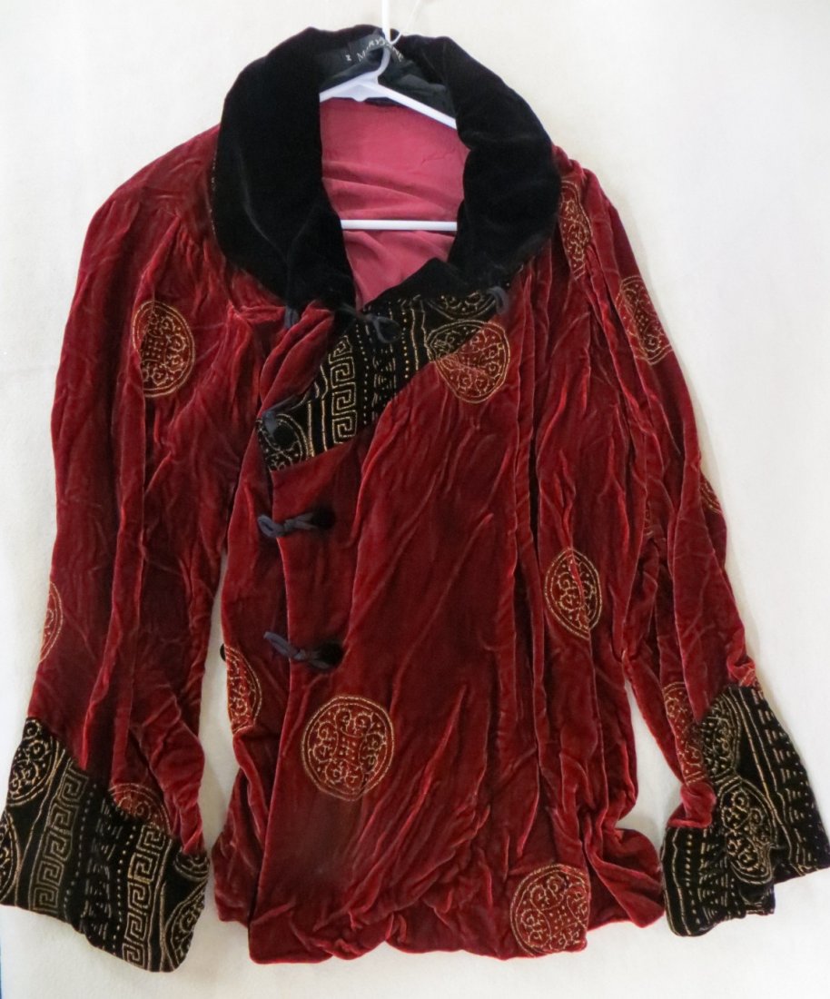 Burgundy velvet oriental style jacket labeled Mary Jane: Burgundy velvet oriental style jacket labeled Mary Jane - size medium. Provenance: From a private collection of a retired NYC theatrical professional.