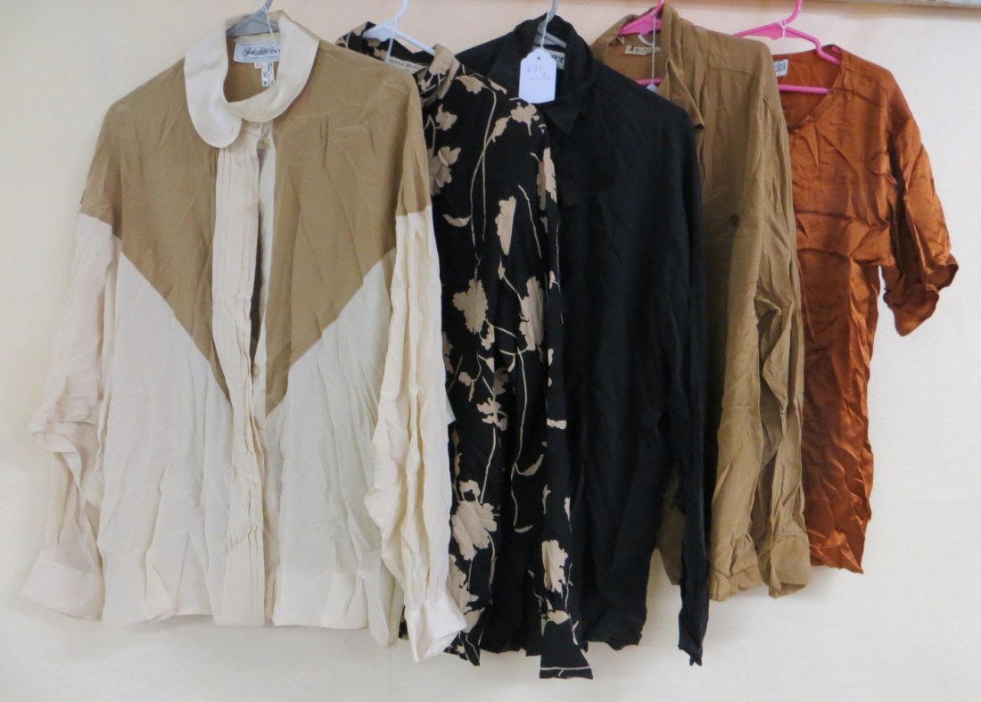 Collection of 5 silk lady's garments including blouse: Collection of 5 silk lady's garments including blouse with floral print labeled Gloria Bina - size medium, black blouse labeled Votre Nom - size small, blouse brown and cream colored labeled Saks Fift
