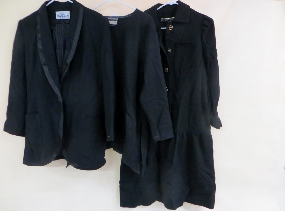 Collection of 3 lady's garments including tuxedo like: Collection of 3 lady's garments including tuxedo like jacket labeled Oleg Cassini together with a pair of heavily pleated pants labeled George F. Couture - size 6, top in black wool labeled Jennifer G