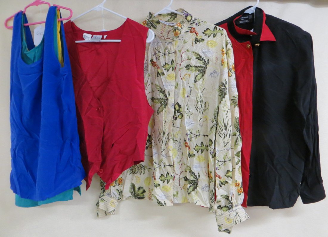 Collection of 6 lady's garments including red/black: Collection of 6 lady's garments including red/black silk blouse labeled Louis Feraud - size 8, silk floral print blouse labeled Maggy London - size 10, silk red vest - medium size, 3 silk chinese incl