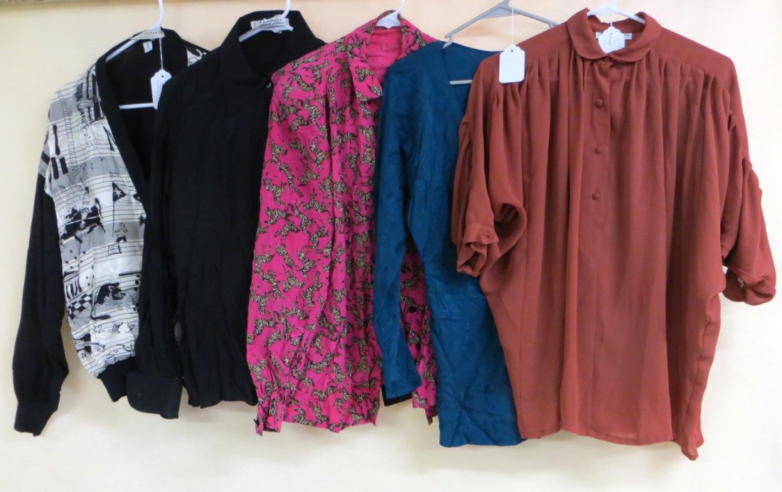 Collection of 5 lady's blouses including rust colored: Collection of 5 lady's blouses including rust colored labeled Lloyd Williams, black and white sweater with gold buttons signed St. John - medium, black silk blouse labeled J. Tiktineer for Bergdorf Go