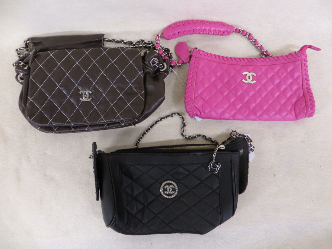 Lot of 3 quilted leather purses labeled Chanel. Please: Lot of 3 quilted leather purses labeled Chanel. Please note none of the purses and hand bags in this sale have been authenticated and are being sold as is. Please call for further description. Provena