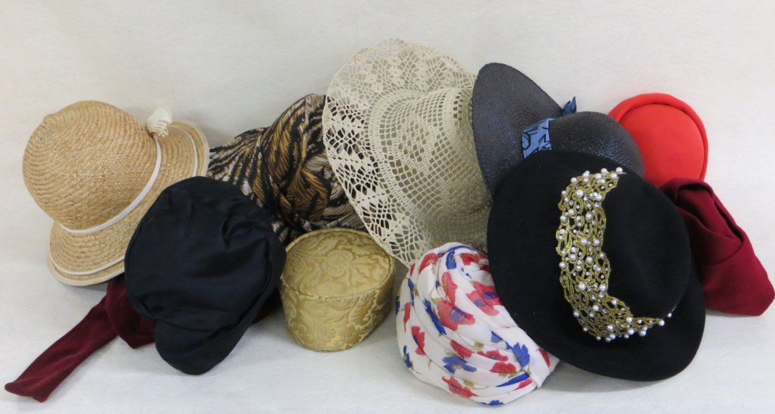 Three hat boxes filled with 13 hats/bonnets - boxes: Three hat boxes filled with 13 hats/bonnets - boxes signed Bonwit Teller (all 3 boxes have hand written notes on each, 1 box with loose base). Makers include Irene Boutique for Bonwit Teller in straw