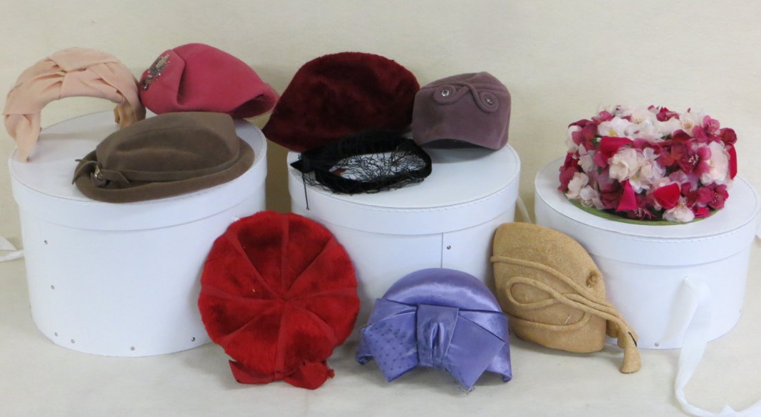 Collection of 10 lady's hats and bonnets including 8: Collection of 10 lady's hats and bonnets including 8 labeled Hattie Carnegie, 1 with Lord and Taylor label, and 1 unsigned.,