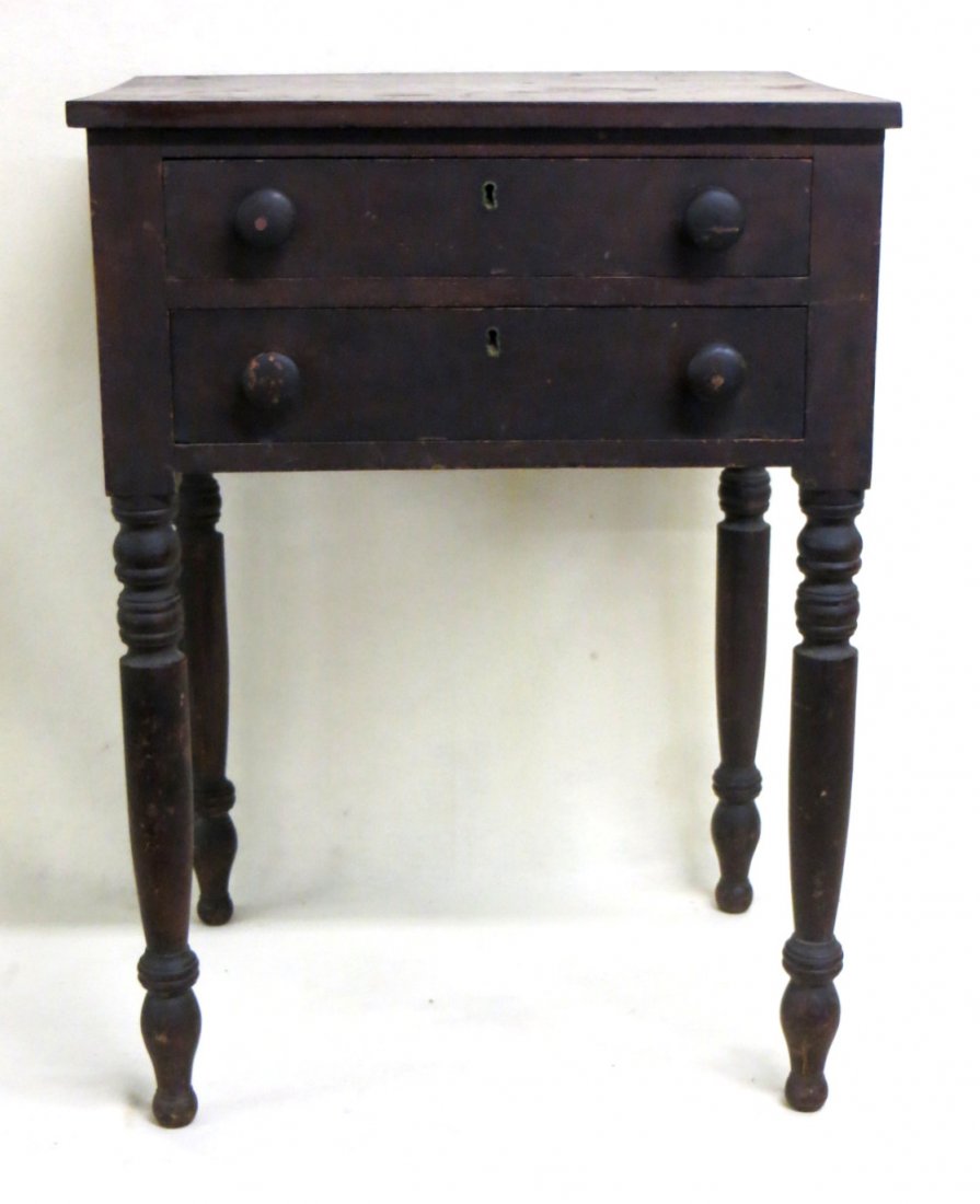 Two drawer Sheraton work table in cherry. 28.5"H x 21"W: Two drawer Sheraton work table in cherry. 28.5"H x 21"W x 16.5"D - Good condition with surface scratches to top.