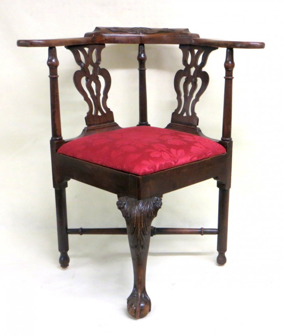 Chippendale maple claw and ball foot corner chair with: Chippendale maple claw and ball foot corner chair with carved crest on back over 2 pierced carved slats, carved knee, turned cross stretchers - very good condition with minor repairs - old finish - so