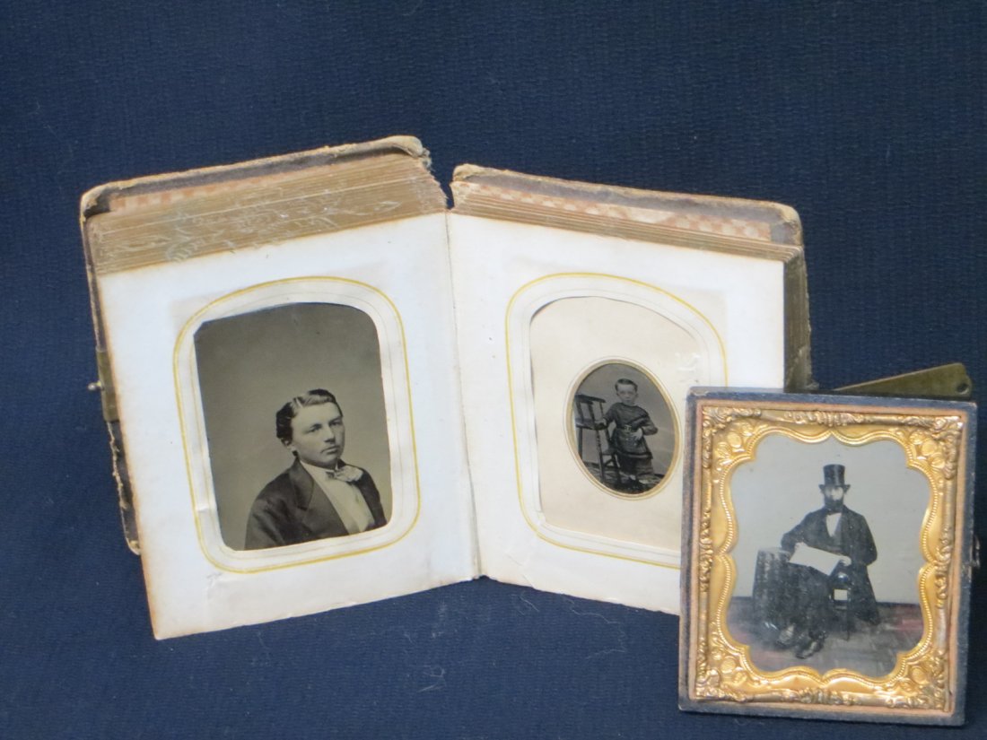 Sixth plate ambrotype of bearded man with top hat: Sixth plate ambrotype of bearded man with top hat reading newspaper - some flaking to image but overall fair to good condition, together with a CDV album containing tintypes and CDV's.