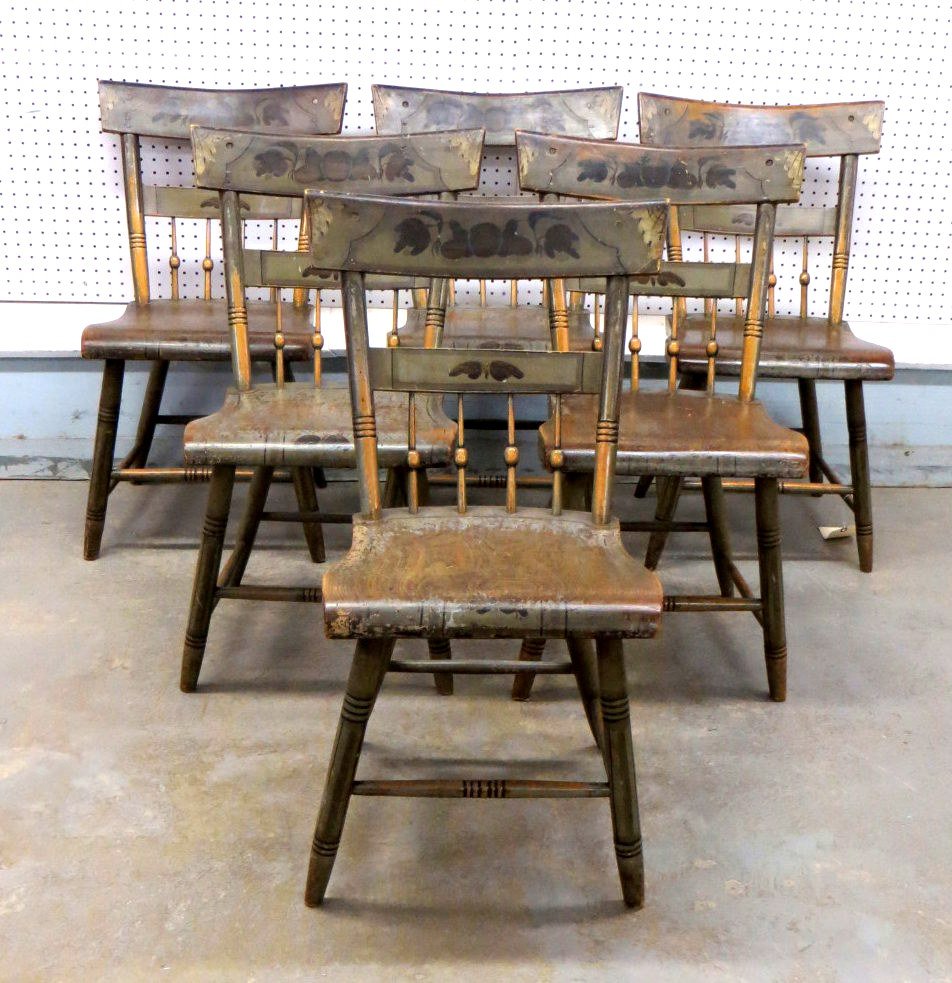 Set of 6 hand painted country Sheraton chairs.: Set of 6 hand painted country Sheraton chairs in original green paint - back splats with original fruit painting - hand painted seats with leave decoration on edge - legs also hand decorated - some we