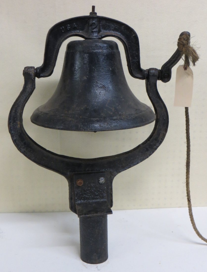 Old cast iron farm bell with holder - late 19th century: Old cast iron farm bell with holder - late 19th century - yoke signed Crystal Metal.