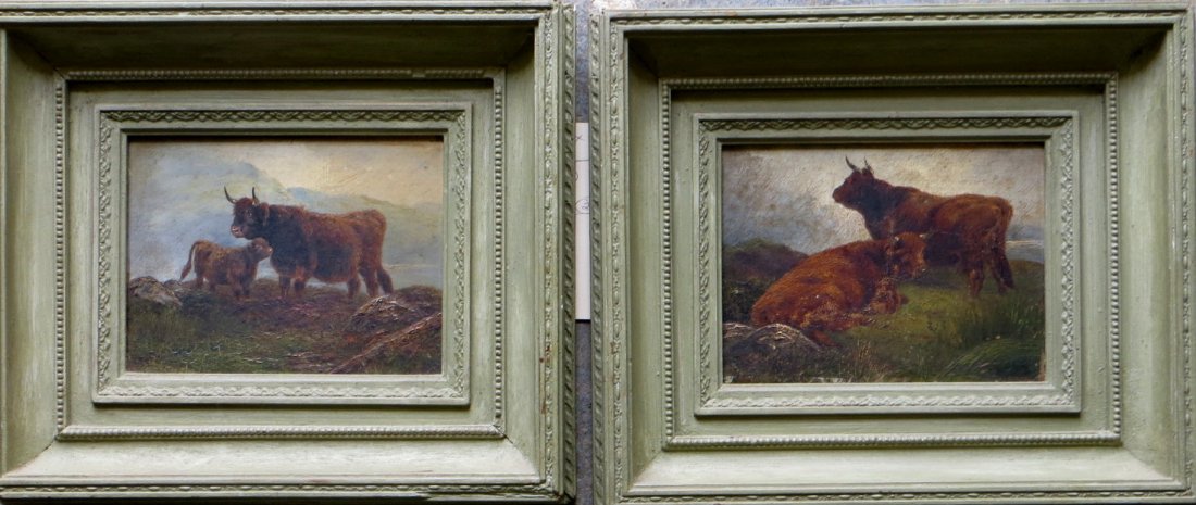 Two O/B Highlander cattle scenes, one with 2 cows the: Two O/B Highlander cattle scenes, one with 2 cows the other with cow and calf signed illegibly on board - reverse stamped London on mahogany panel - late 19th to early 20th century - 6" x 8" - Both in