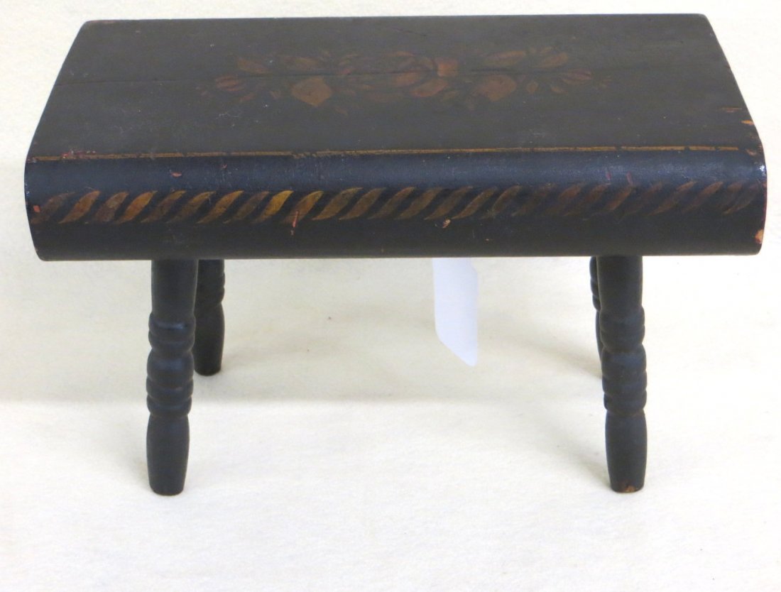Stenciled Sheraton wooden foot stool with floral: Stenciled Sheraton wooden foot stool with floral decoration on black background - original paint - 6.75"W x 12"L x 8"H.