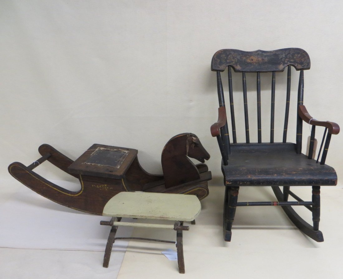 Three country items including hand painted and: Three country items including hand painted and stenciled rocking horse with tack eye in original yellow stenciling - 33.5"L, child's early wagon seat in old paint 13.5"L x 12.75"W., and a child's Bost
