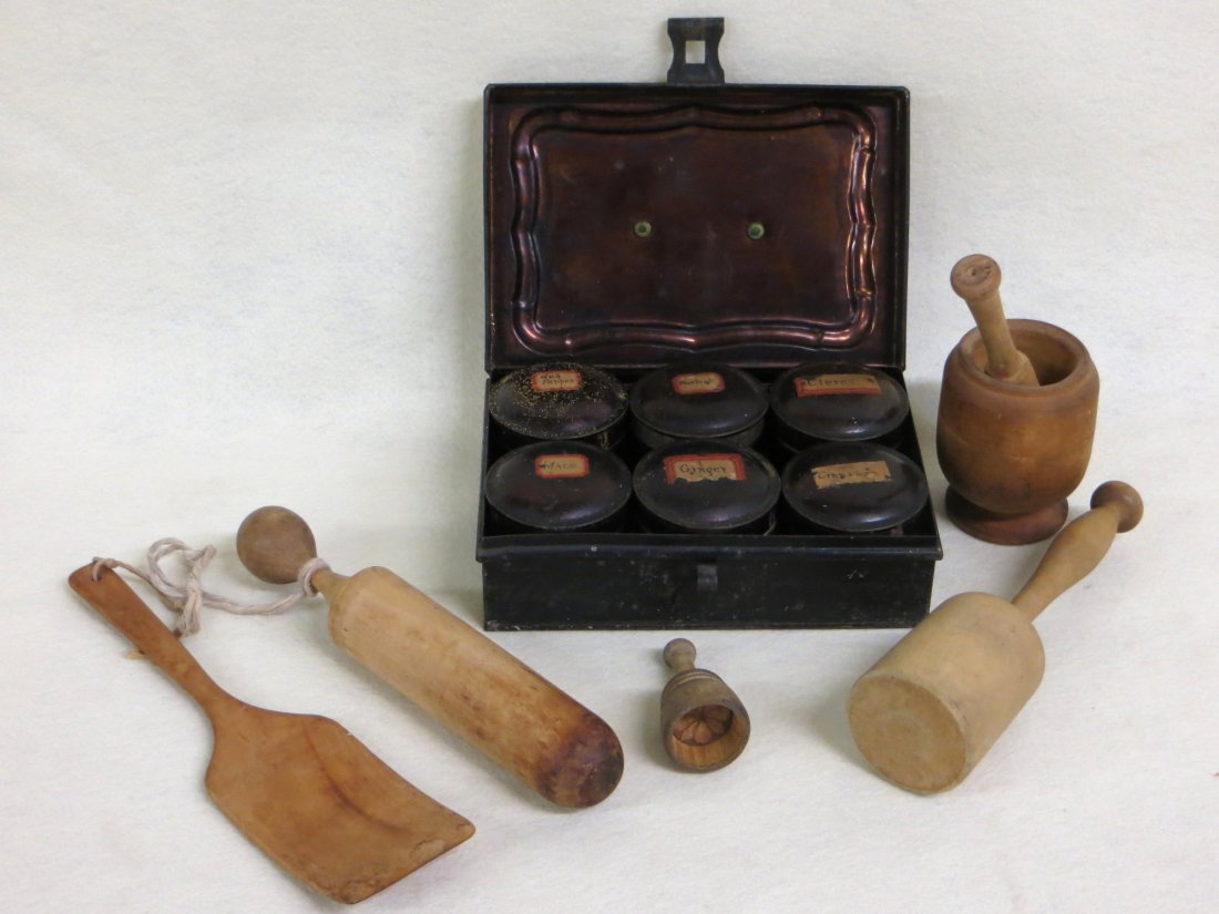 Collection of 6 country items including mortar and: Collection of 6 country items including mortar and pestle, small butter mold, masher, butter worker, pestle, tole spice box with 6 canisters.