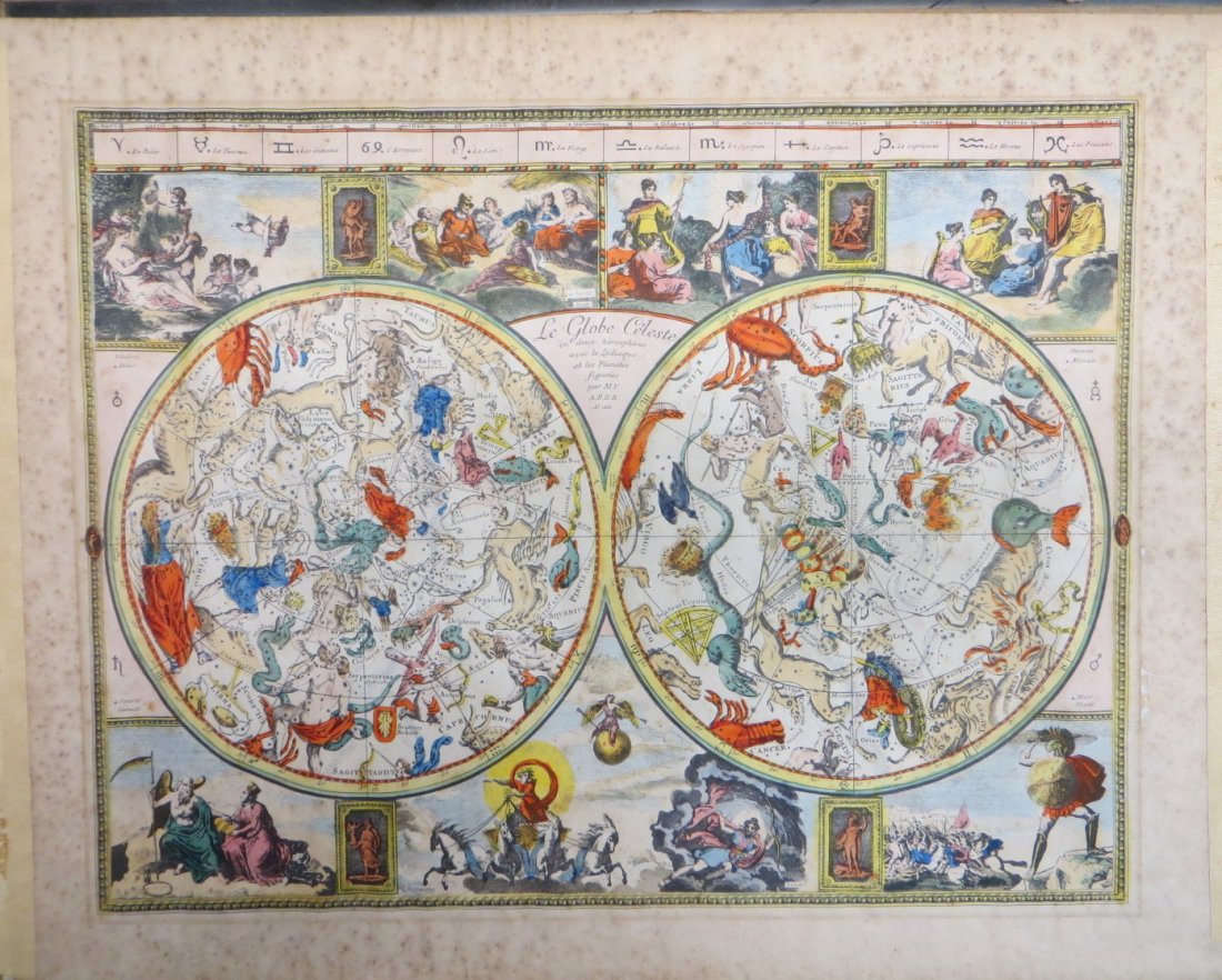 Hand colored map of the world entitled "Le Globe: Hand colored map of the world entitled "Le Globe Celeste", showing 2 hemispheres and zodiac and other figures. Dated 1631. 19.5" x 24.75. Foxing around border. Good condition.