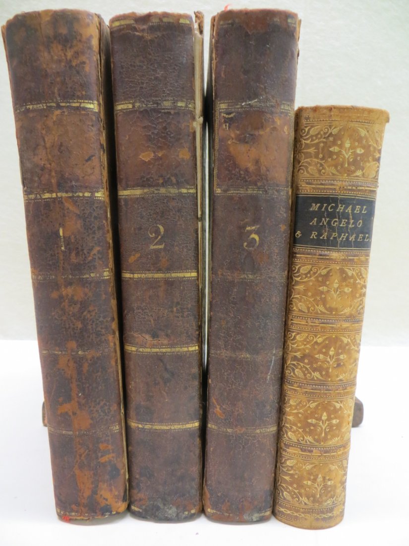 Four books including 3 volume set "The Roman: Four books including 3 volume set "The Roman History...." published in 1766 in leather bindings - 1 cover loose, wear to all 3; and a single leather bound book "The Lives of Michael Angelo and Raphael