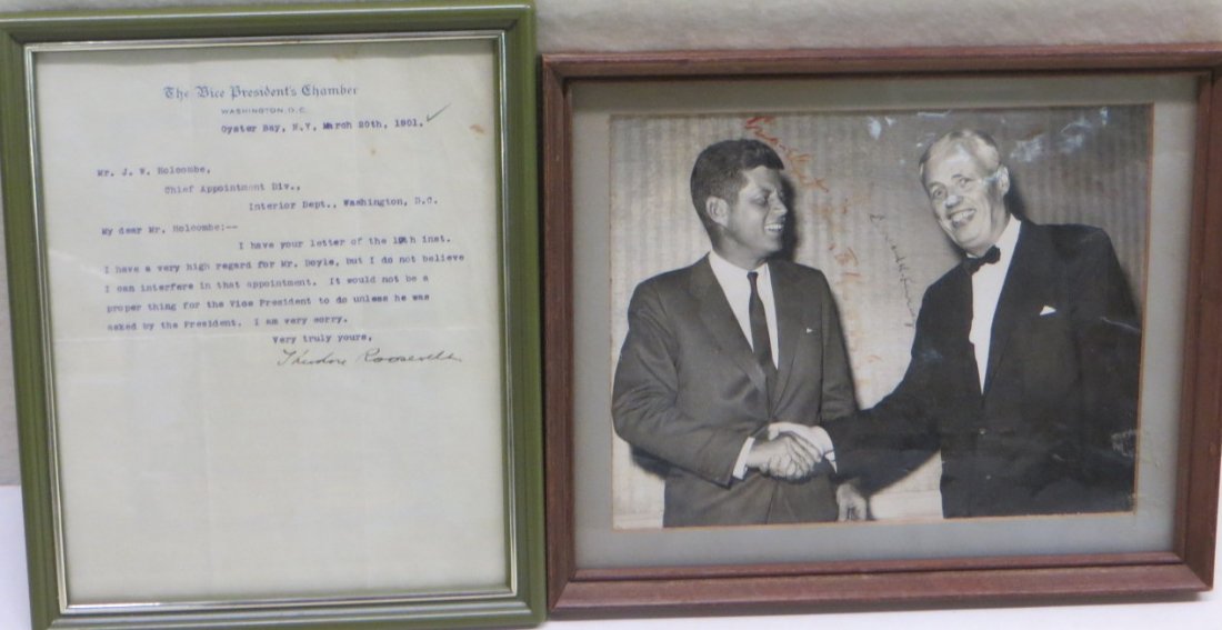 Theodore Roosevelt as Vice-President typed letter: Theodore Roosevelt as Vice-President typed letter signed in ink--Letter is written to Mr. Holcombe, Chief Appointment Div.,: "I have your letter of the 19th inst. I have a very high regard for Mr. Doy