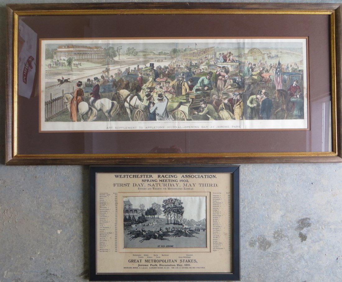 Two Jerome Park horse racing prints including hand: Two Jerome Park horse racing prints including hand colored print entitled "Art Supplement to Appletons Journal - Opening Day at Jerome Park" dated 1869 - framed and matted - 9.75" x 28.5" together wit