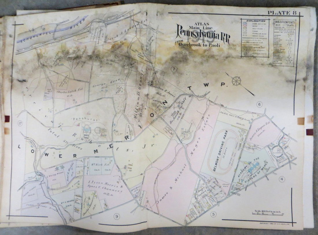 Large bound atlas of Pennsylvania Railroads - 1920.: Large bound atlas of Pennsylvania Railroads - 1920. Hand colored. Cover damaged, water staining on most maps.
