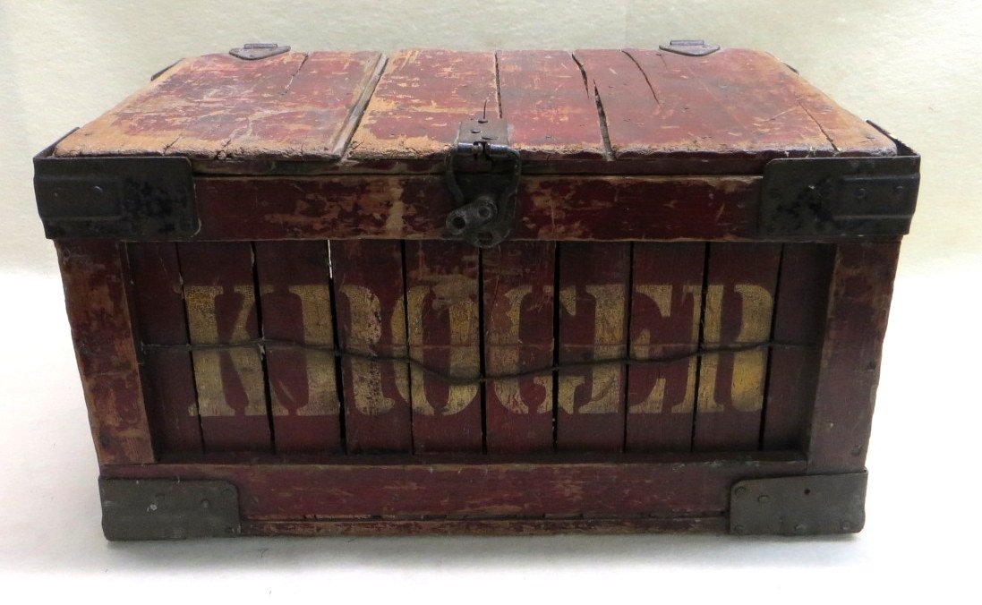 Kroger advertising fruit crate in original red paint: Kroger advertising fruit crate in original red paint with white lettering "Kroger" on front and back and "167" on sides. - good overall condition with normal wear use. 11.5"H x 22.5"L x 15"W