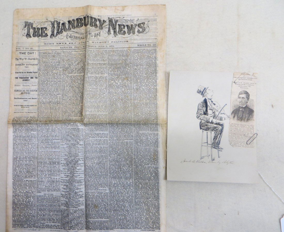 Two newspaper related items including a pen & ink: Two newspaper related items including a pen & ink drawing of Jacob B. Miller (Pa. Newspaper editor) by Blythe (David Gilmour Blythe, PA. 1815 - 1865) together with a Danbury Centennial newspaper in li