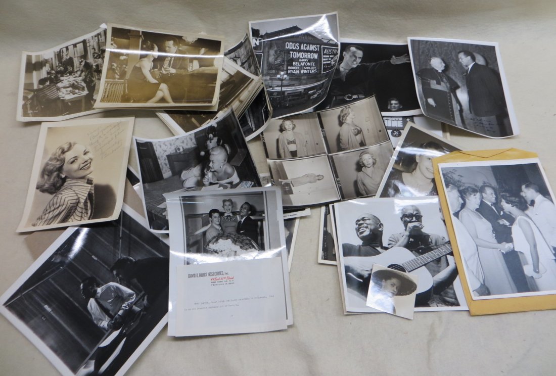 Collection of mostly Harry Belafonte photographs: Collection of mostly Harry Belafonte photographs including 32 movie promotion photo cards for "Odds Against Tomorrow" starring Harry Belafonte, Robert Ryan and Shelley Winters 1959, a 1953 movie photo