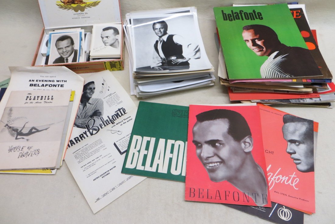 Large collection of Harry Belafonte related memorabilia: Large collection of Harry Belafonte related memorabilia including photo post cards of Harry, collection of candid photos signed on reverse "Barry Sweet, Topeka Capitol Journal", large glossy fan club 