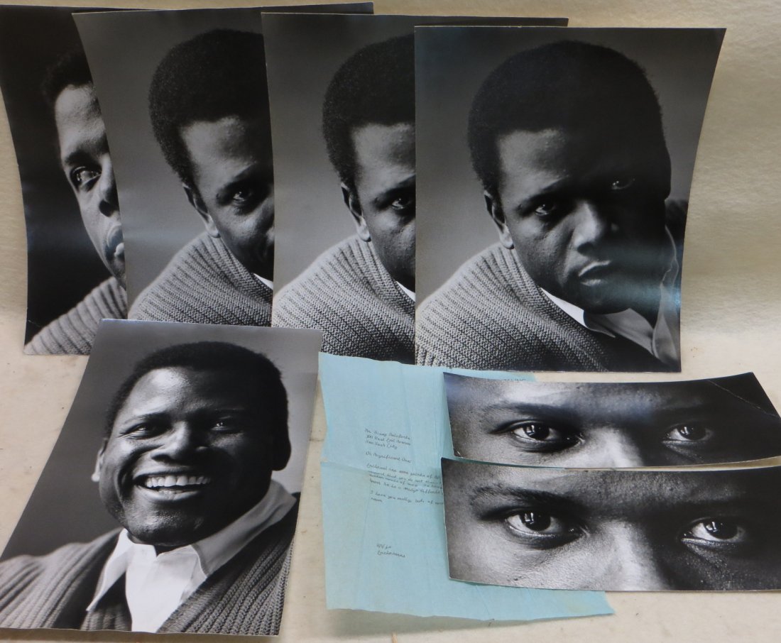 Collection of 7 Sidney Poitier glossy photos signed on: Collection of 7 Sidney Poitier glossy photos signed on reverse by Roddy McDowall NY in original envelope mailed to Harry Belafonte date Feb. 1966. Five photos 10" x 13 and 2 photos 4.75" x 12". Lot al