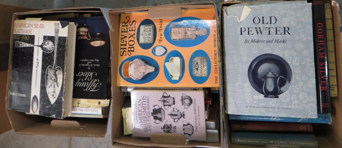 Large collection of silver & pewter antique reference: Large collection of silver & pewter antique reference books including Early American Silver 1930, Colonial Silversmith 1969, Tiffany Silver 1984, American Flatware 1837-1910, Old Pewter 1963, etc.