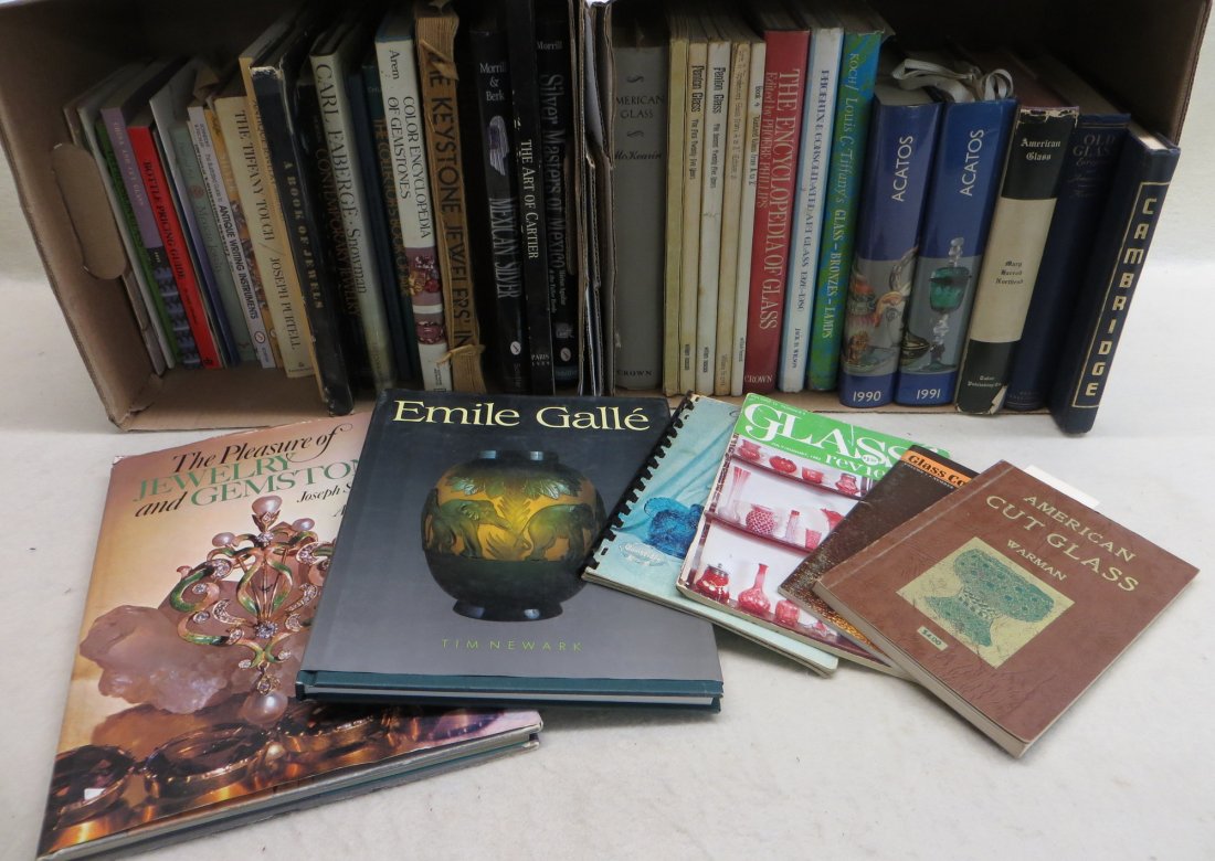 Large collection of antique reference books pertaining: Large collection of antique reference books pertaining to glass and jewelry including books on Galle, Tiffany, Cartier, Faberge, Mexican Silver Jewelry, etc.