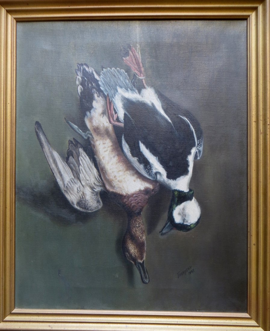 O/C hanging game birds signed Thompson 1907 - Good: O/C hanging game birds signed Thompson 1907 - Good condition - no holes or noticeable repair. 16" x 20"