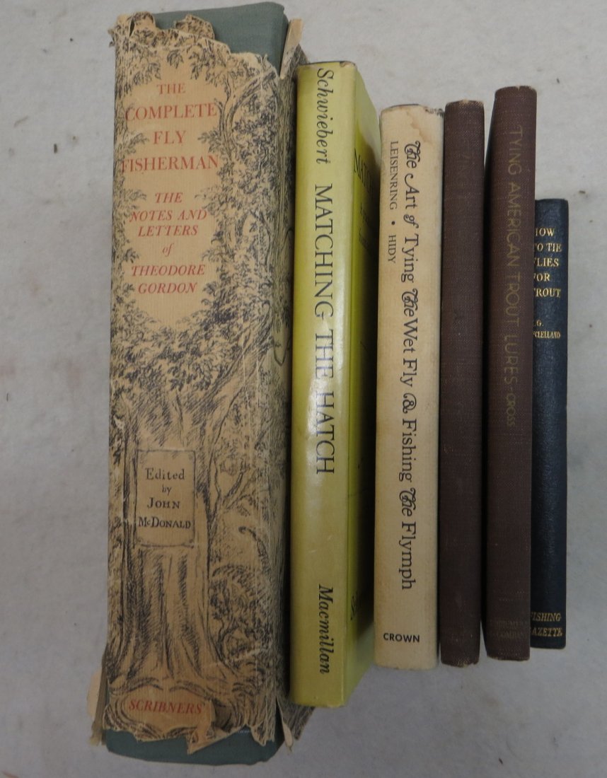 Six fly fishing books including "Tying American Trout: Six fly fishing books including "Tying American Trout Lures" by Ruben R. Cross - pub. 1936 (2 of the same issue), "How to Tie Flies for Trout" by H. G. McClelland - pub. 1935, "The Art of Tying the We