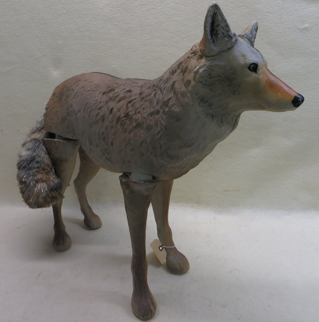 Molded plastic realistic Coyote decoy signed Flambeau -: Molded plastic realistic Coyote decoy signed Flambeau - Middlefield OH. - detachable legs with realistic faux fur tail - 26" 30"