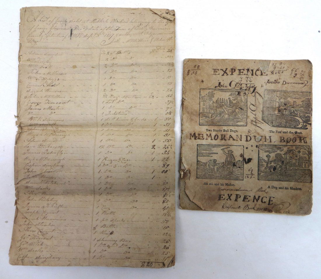 Two old 19th century ledgers.: Two old ledgers including a 22 page estate auction ledger for items sold for the estate of George G. Parsenen town of Cadiz, Harrison County, Ohio, dated 1817 together with an Expense Memorandum Book
