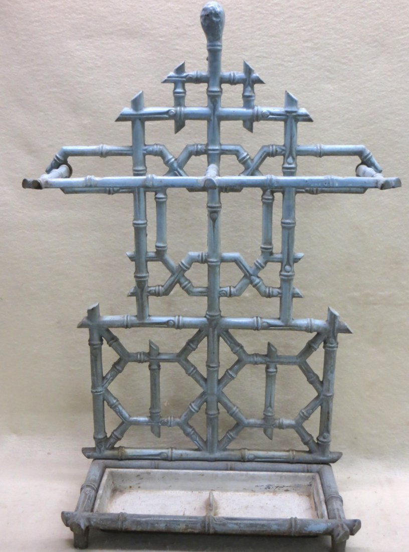 Blue enameled cast iron faux bamboo umbrella stand -: Blue enameled cast iron faux bamboo umbrella stand - 19th century - 20"W x 31"H. Excellent condition.